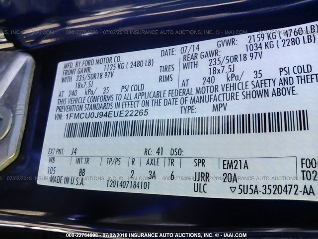 1FMCU0J94EUE22265 - 2014 FORD ESCAPE TITANIUM BLUE photo 9