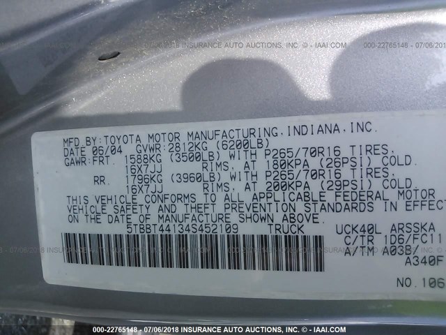 5TBBT44134S452109 - 2004 TOYOTA TUNDRA ACCESS CAB SR5 GRAY photo 9