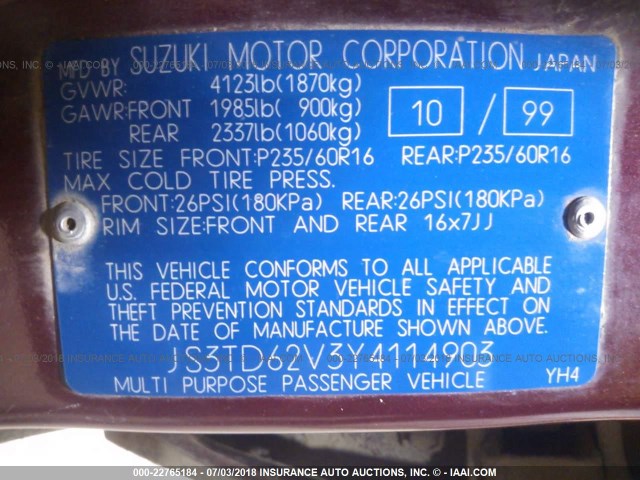 JS3TD62V3Y4114903 - 2000 SUZUKI GRAND VITARA JLX/LIMITED/JX BURGUNDY photo 9