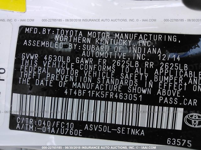 4T4BF1FK5FR463051 - 2015 TOYOTA CAMRY LE/XLE/SE/XSE WHITE photo 9