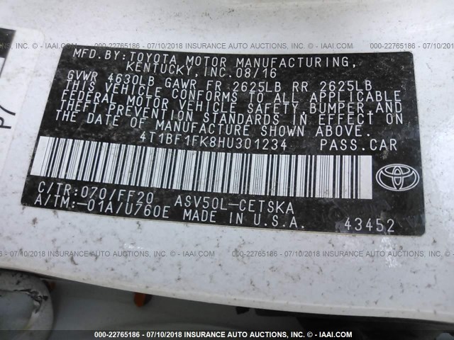 4T1BF1FK8HU301234 - 2017 TOYOTA CAMRY LE/XLE/SE/XSE WHITE photo 9