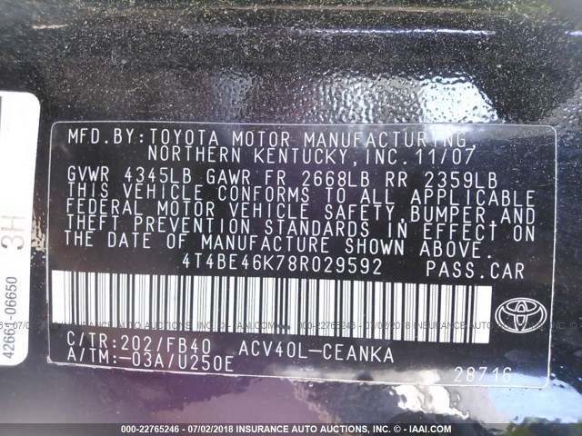 4T4BE46K78R029592 - 2008 TOYOTA CAMRY CE/LE/XLE/SE BLACK photo 9