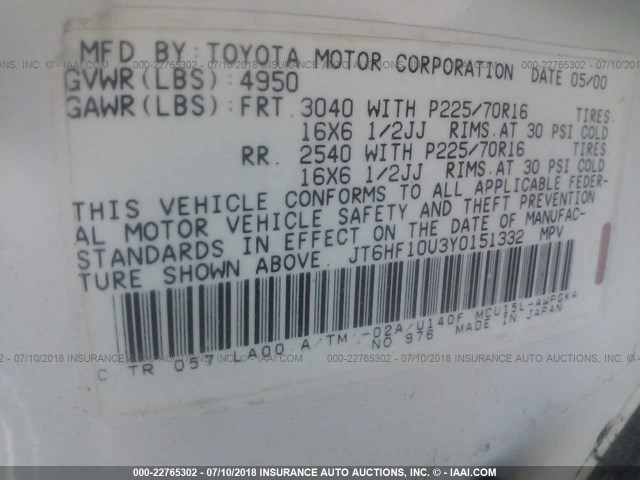 JT6HF10U3Y0151332 - 2000 LEXUS RX 300 WHITE photo 9