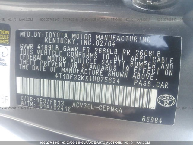4T1BE32KX4U875624 - 2004 TOYOTA CAMRY LE/XLE/SE Boz foto 9