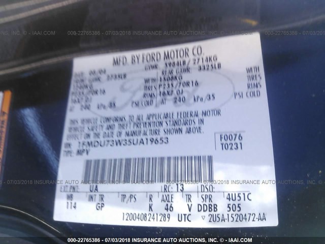 1FMDU73W35UA19653 - 2005 FORD EXPLORER XLT/XLT SPORT/NBX 黑色 照片 9