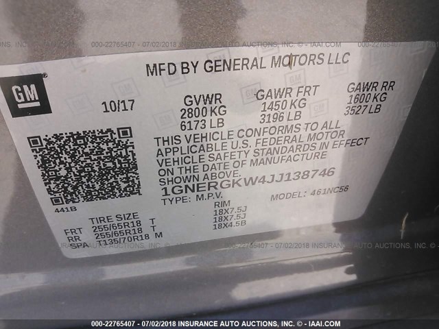 1GNERGKW4JJ138746 - 2018 CHEVROLET TRAVERSE LT GOLD photo 9