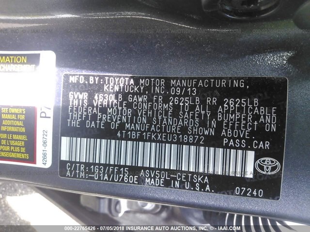 4T1BF1FKXEU318872 - 2014 TOYOTA CAMRY L/SE/LE/XLE 灰色 照片 9