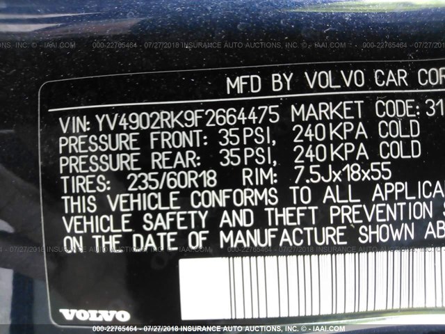 YV4902RK9F2664475 - 2015 VOLVO XC60 T6/PREMIER BLUE photo 9