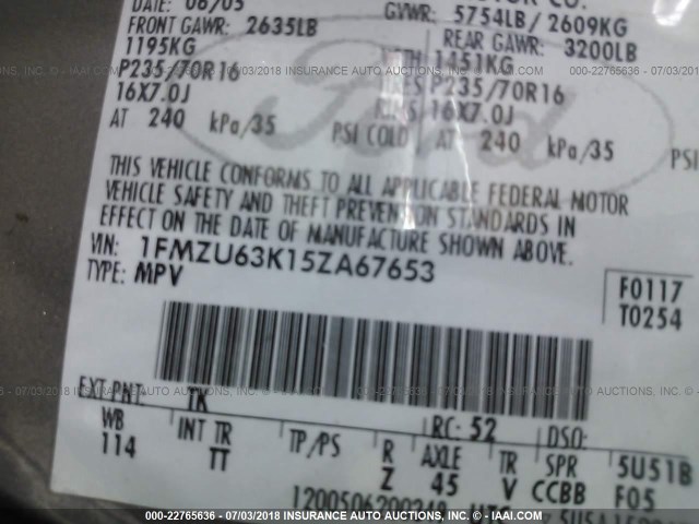 1FMZU63K15ZA67653 - 2005 FORD EXPLORER XLT/XLT SPORT/NBX 灰色 照片 9