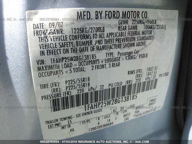 1FAHP25W28G138185 - 2008 FORD TAURUS LIMITED BLUE photo 9