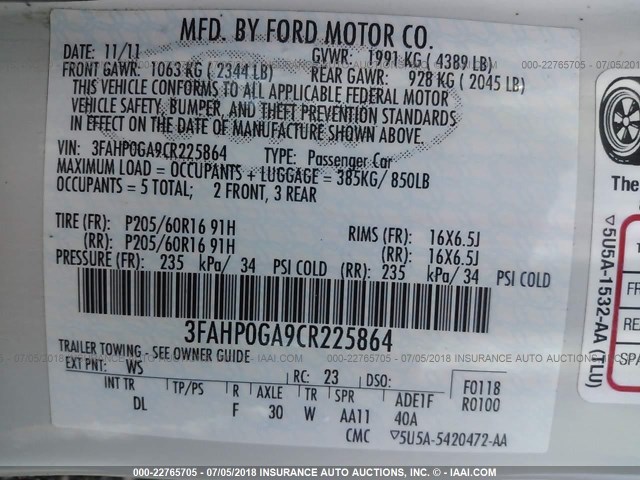 3FAHP0GA9CR225864 - 2012 FORD FUSION S WHITE photo 9