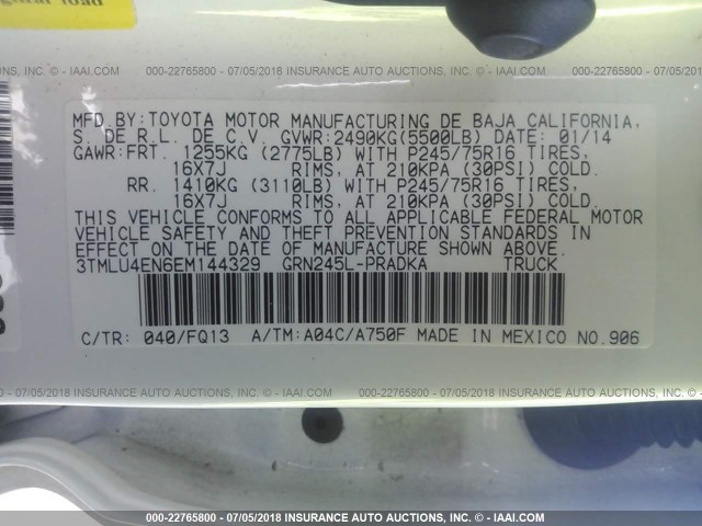 3TMLU4EN6EM144329 - 2014 TOYOTA TACOMA DOUBLE CAB თეთრი ფოტო 9