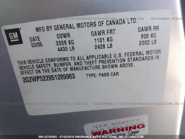 2G2WP522951289963 - 2005 PONTIAC GRAND PRIX SILVER photo 9