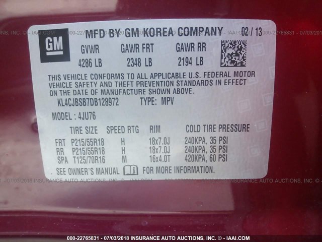 KL4CJBSB7DB128972 - 2013 BUICK ENCORE CONVENIENCE 栗色 照片 9