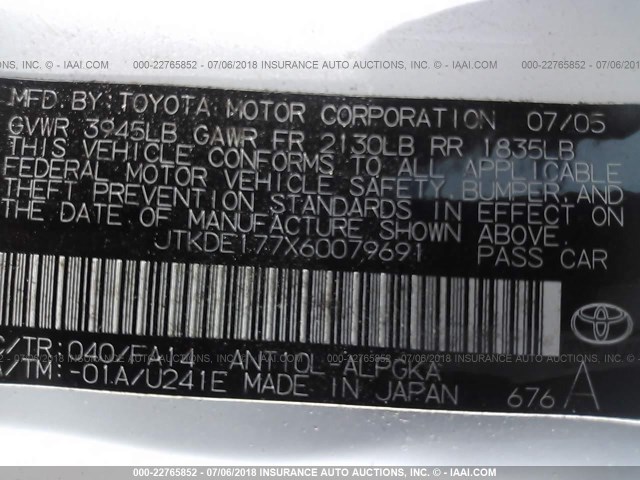 JTKDE177X60079691 - 2006 TOYOTA SCION TC 白色 照片 9