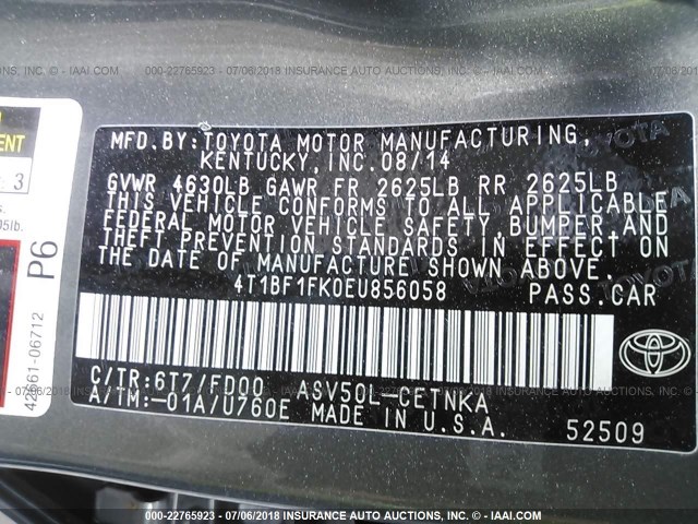 4T1BF1FK0EU856058 - 2014 TOYOTA CAMRY L/SE/LE/XLE 灰色 照片 9