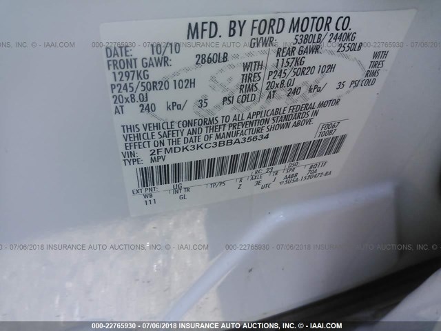 2FMDK3KC3BBA35634 - 2011 FORD EDGE LIMITED WHITE photo 9