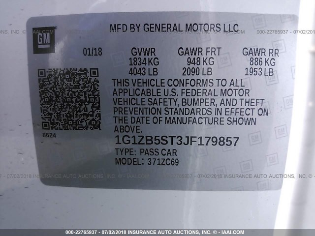 1G1ZB5ST3JF179857 - 2018 CHEVROLET MALIBU LS WHITE photo 9