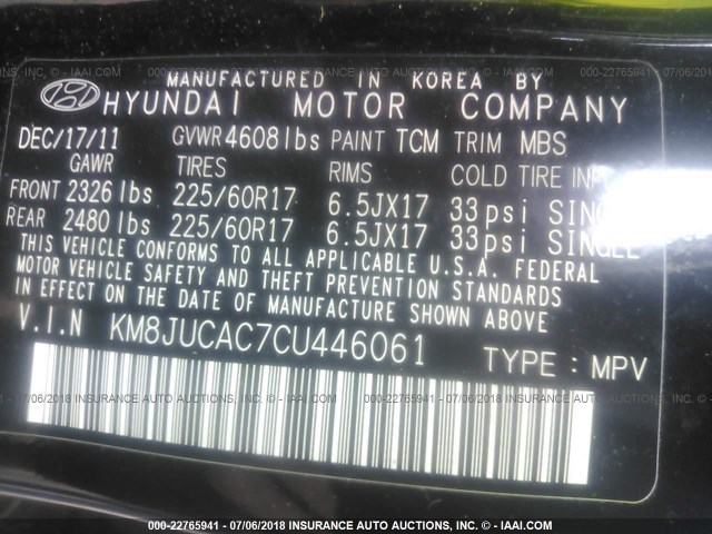 KM8JUCAC7CU446061 - 2012 HYUNDAI TUCSON GLS/LIMITED BLACK photo 9