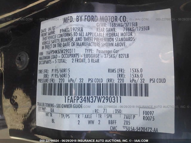 1FAFP34N37W290311 - 2007 FORD FOCUS ZX4/S/SE/SES 黑色 照片 9
