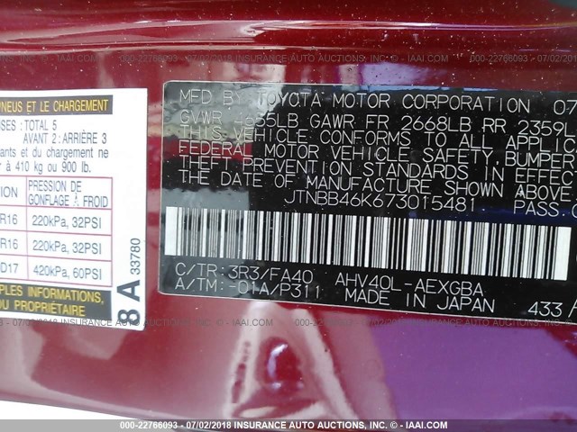 JTNBB46K673015481 - 2007 TOYOTA CAMRY NEW GENERAT HYBRID RED photo 9