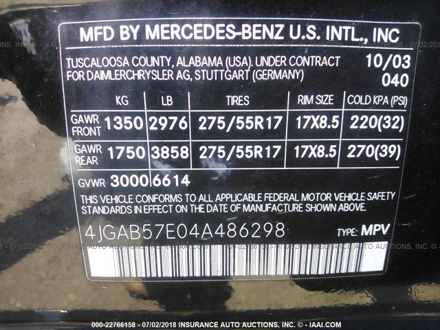 4JGAB57E04A486298 - 2004 MERCEDES-BENZ ML 350 BLACK photo 9