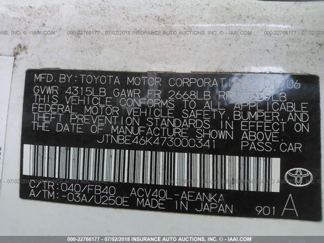 JTNBE46K473000341 - 2007 TOYOTA CAMRY NEW GENERAT CE/LE/XLE/SE WHITE photo 9