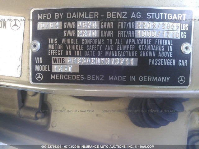 WDBAB93AXDN013711 - 1983 MERCEDES-BENZ 300 TDT GOLD photo 9