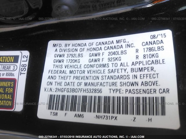 2HGFG3B07FH532856 - 2015 HONDA CIVIC EXL შავი ფოტო 9