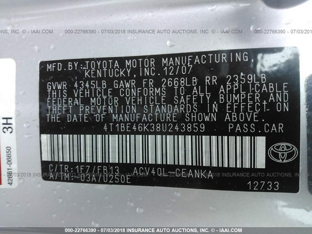 4T1BE46K38U243859 - 2008 TOYOTA CAMRY CE/LE/XLE/SE SILVER photo 9
