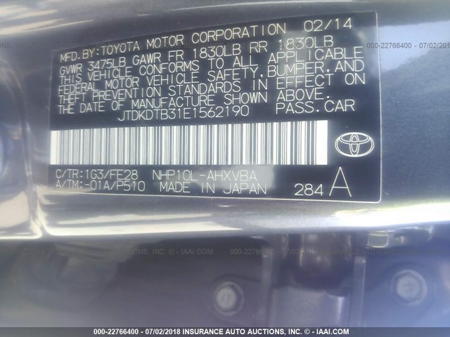 JTDKDTB31E1562190 - 2014 TOYOTA PRIUS C GRAY photo 9