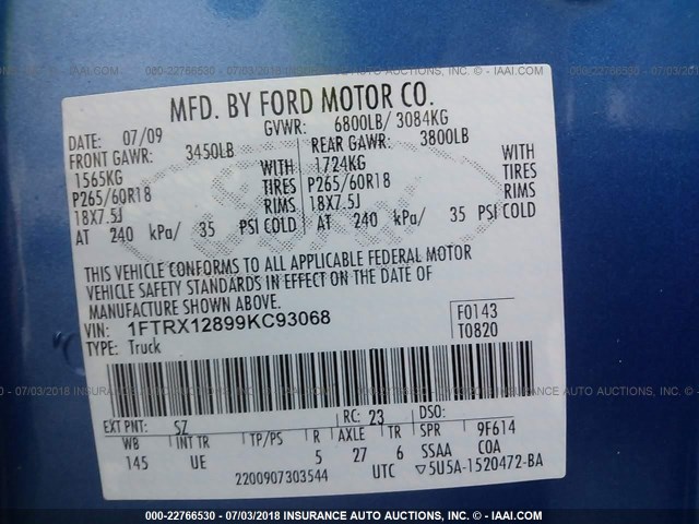 1FTRX12899KC93068 - 2009 FORD F150 SUPER CAB BLUE photo 9