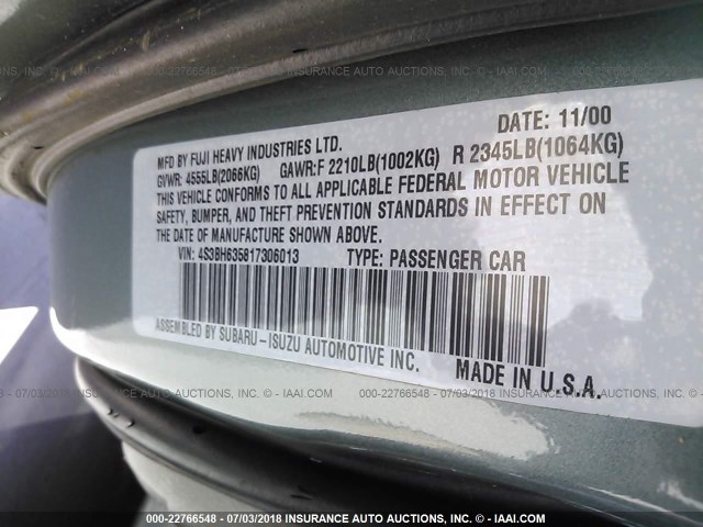 4S3BH635817306013 - 2001 SUBARU LEGACY L GREEN photo 9