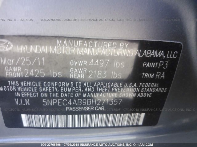 5NPEC4AB9BH271357 - 2011 HYUNDAI SONATA SE/LIMITED GRAY photo 9