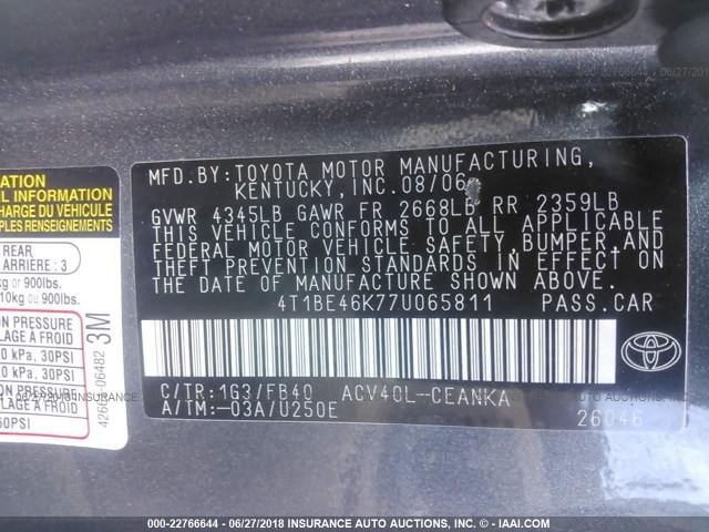 4T1BE46K77U065811 - 2007 TOYOTA CAMRY NEW GENERAT CE/LE/XLE/SE GRAY photo 9