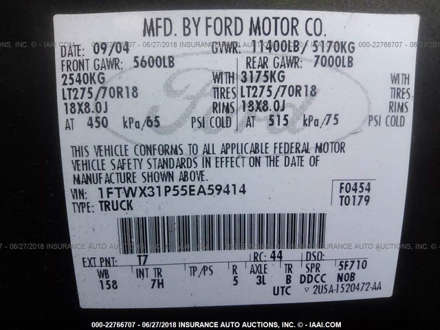 1FTWX31P55EA59414 - 2005 FORD F350 SRW SUPER DUTY GRAY photo 10