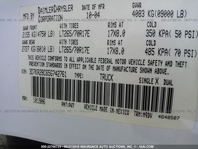 3D7KR28C65G742761 - 2005 DODGE RAM 2500 ST/SLT 白色 照片 9