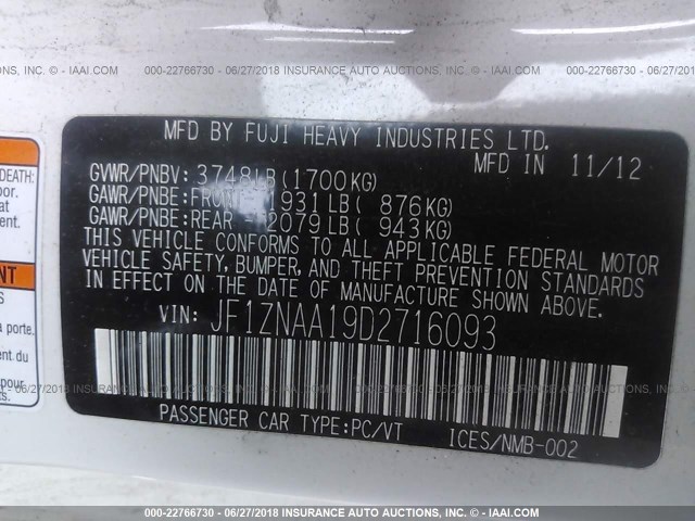 JF1ZNAA19D2716093 - 2013 TOYOTA SCION FR-S WHITE photo 9