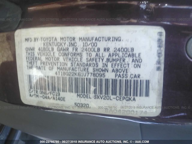 4T1BG22K61U778095 - 2001 TOYOTA CAMRY CE/LE/XLE 栗色 照片 9