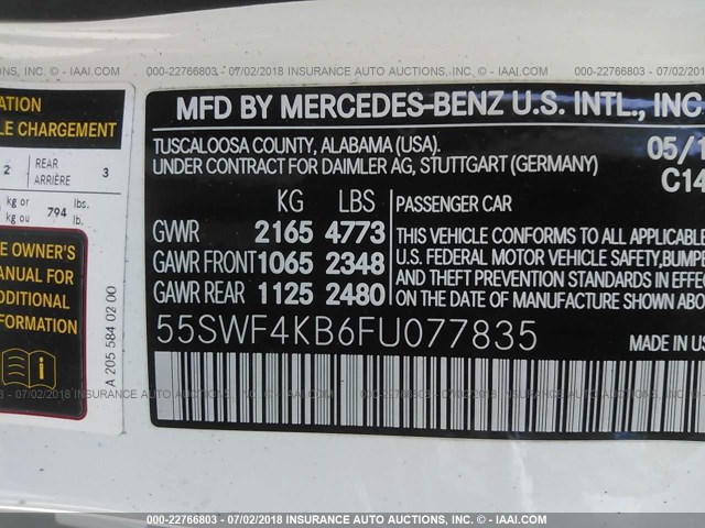 55SWF4KB6FU077835 - 2015 MERCEDES-BENZ C 300 4MATIC WHITE photo 9