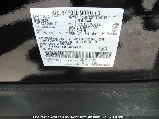 1FM5K8F83HGD24389 - 2017 FORD EXPLORER LIMITED 黑色 照片 9