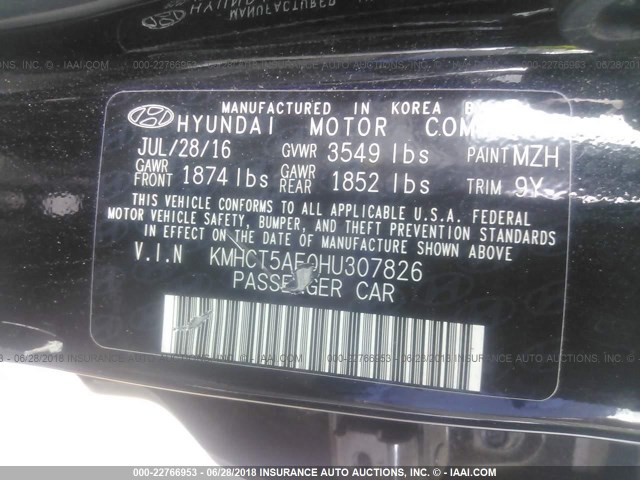 KMHCT5AE0HU307826 - 2017 HYUNDAI ACCENT SE BLACK photo 9