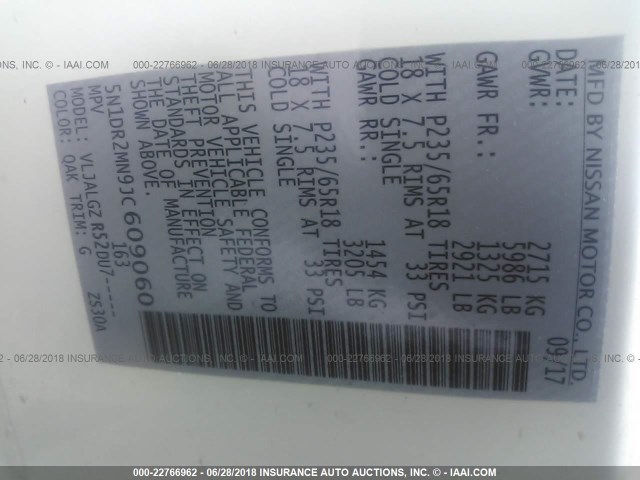 5N1DR2MN9JC609060 - 2018 NISSAN PATHFINDER S/SV/SL/PLATINUM 白色 照片 9