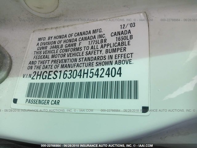 2HGES16304H542404 - 2004 HONDA CIVIC DX VP 白色 照片 9