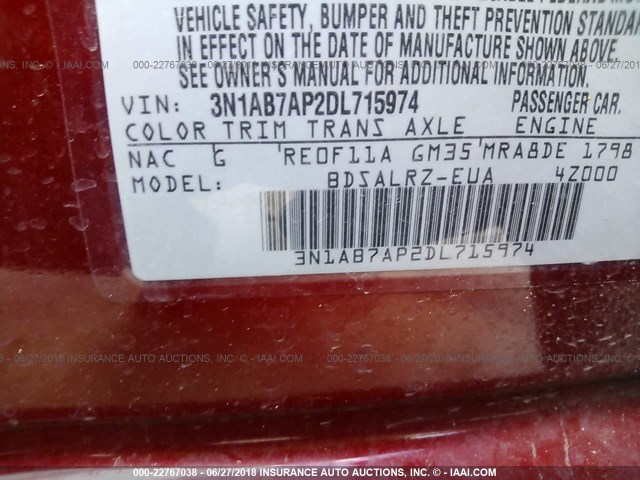 3N1AB7AP2DL715974 - 2013 NISSAN SENTRA S/SV/SR/SL RED photo 9