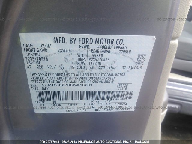 1FMCU02Z08KA18281 - 2008 FORD ESCAPE XLS GRAY photo 9