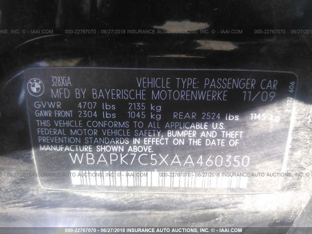 WBAPK7C5XAA460350 - 2010 BMW 328 XI BLACK photo 9