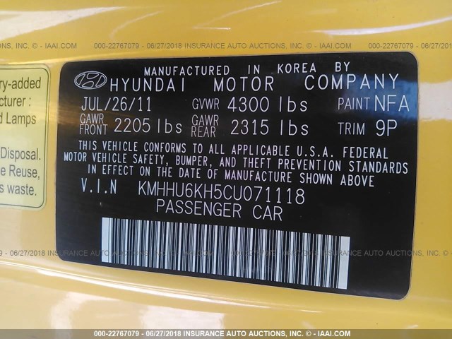 KMHHU6KH5CU071118 - 2012 HYUNDAI GENESIS COUPE 3.8L YELLOW photo 9