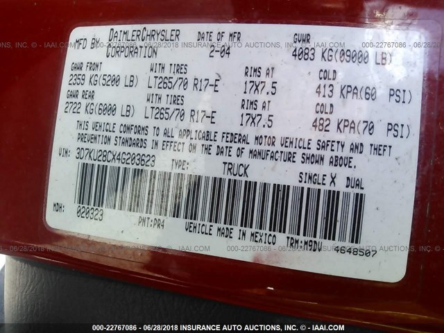 3D7KU28CX4G203623 - 2004 DODGE RAM 2500 ST/SLT 红色 照片 9