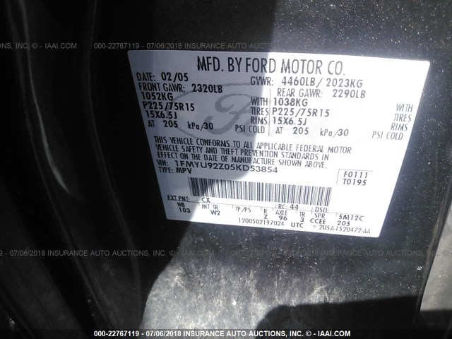 1FMYU92Z05KD53854 - 2005 FORD ESCAPE XLS GRAY photo 9